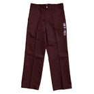 A pair of WPSK67MR Maroon Dickies Skateboarding Pant Regular Fit Twill with straight legs and button-zip closure, shown flat on a white background. Tags are attached near the right side of the waistband.