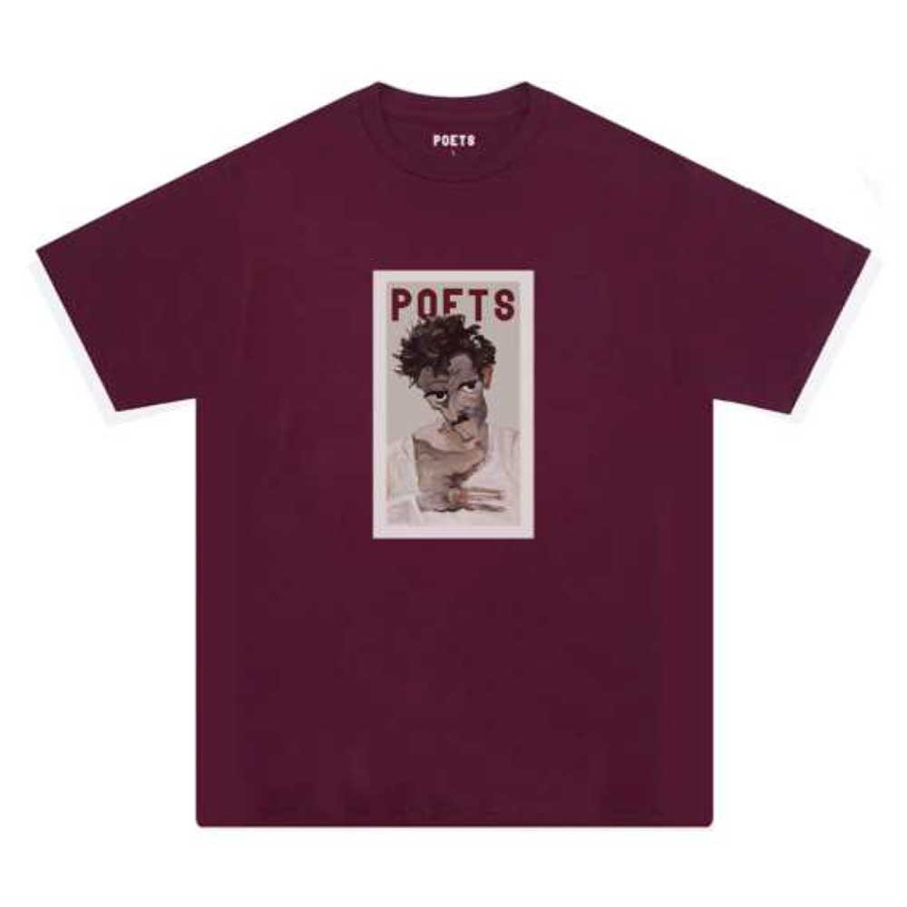 The WS Torment Tee Poets Burgundy features "POETS" above an illustrated portrait of a curly-haired figure gazing sideways with one hand near their mouth.