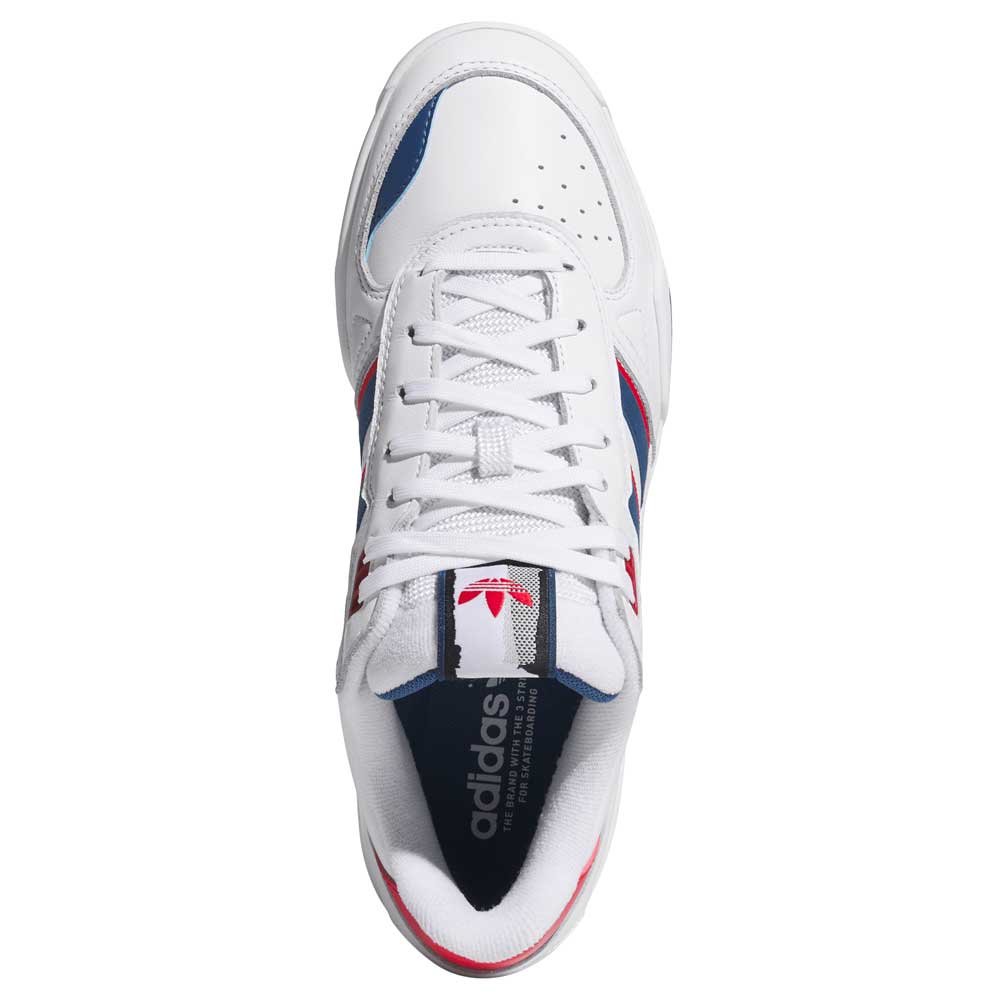 Top view of White Brown Tekkira HQ4814 adidas Skateboarding suede leather shoes, featuring white laces and the adidas logo on the tongue.