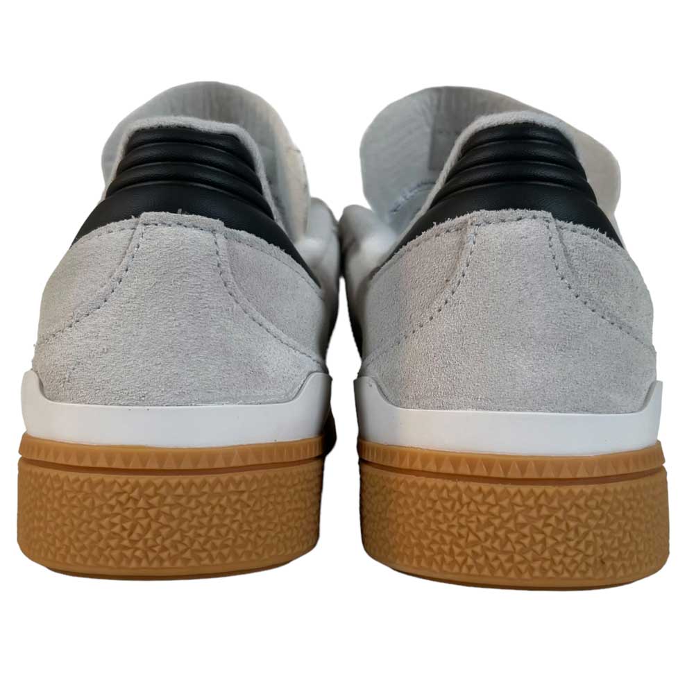 The White Grey Shaoli Gum Busenitz Adidas Skateboarding Suede Shoes feature light gray suede uppers, black heel accents, white midsoles, and durable brown Shaoli Gum rubber outsoles viewed from the back.