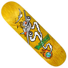 The Wilkins Mascot 8.5x31.6 Real Skateboard Deck features a yellow wood finish and a cartoon airplane chasing a bird, with smoke swirling around “Wilkins” text and an animated fiery Earth.