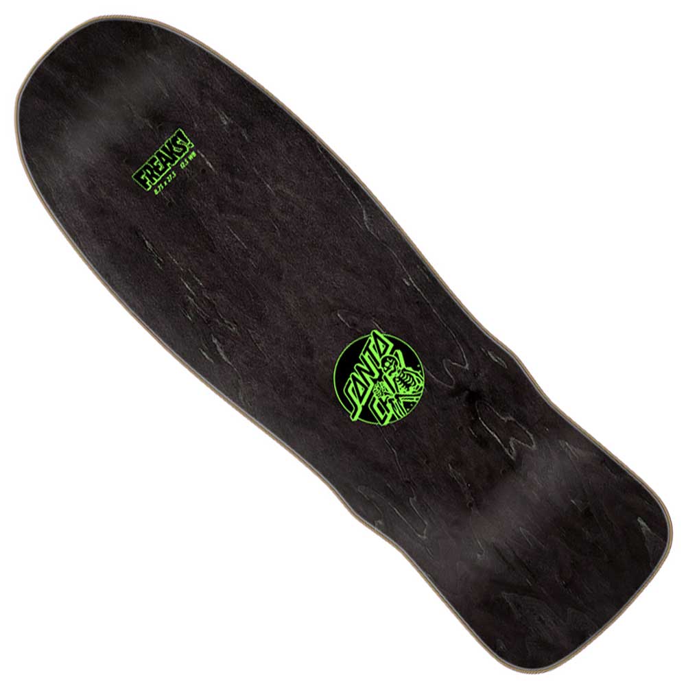 Featuring a wide, tapered shape and a striking green Screaming Hand logo with text on the top surface, the Winkowski Dope Planet Micro Freaks 8.75in x 27.5in Santa Cruz Deck showcases bold design elements that represent the signature style of Santa Cruz Skateboards.