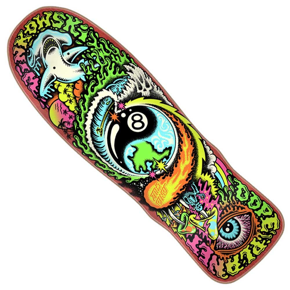 Experience the Winkowski Dope Planet Micro Freaks 8.75in x 27.5in Santa Cruz Deck, a vibrant skateboard deck that showcases psychedelic art featuring a shark, an 8-ball, swirling waves, a mystical eye, planets, and surreal creatures. Dominated by bold neon greens, yellows, and purples in true Santa Cruz style, this deck is perfect for fans of iconic designs or any skater looking for that unique micro freaks vibe.