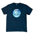 The World Tee Black Late Nite Stars features a large, screenprinted Earth graphic in blue, white, and red tones centered on the chest, displayed flat against a white background.