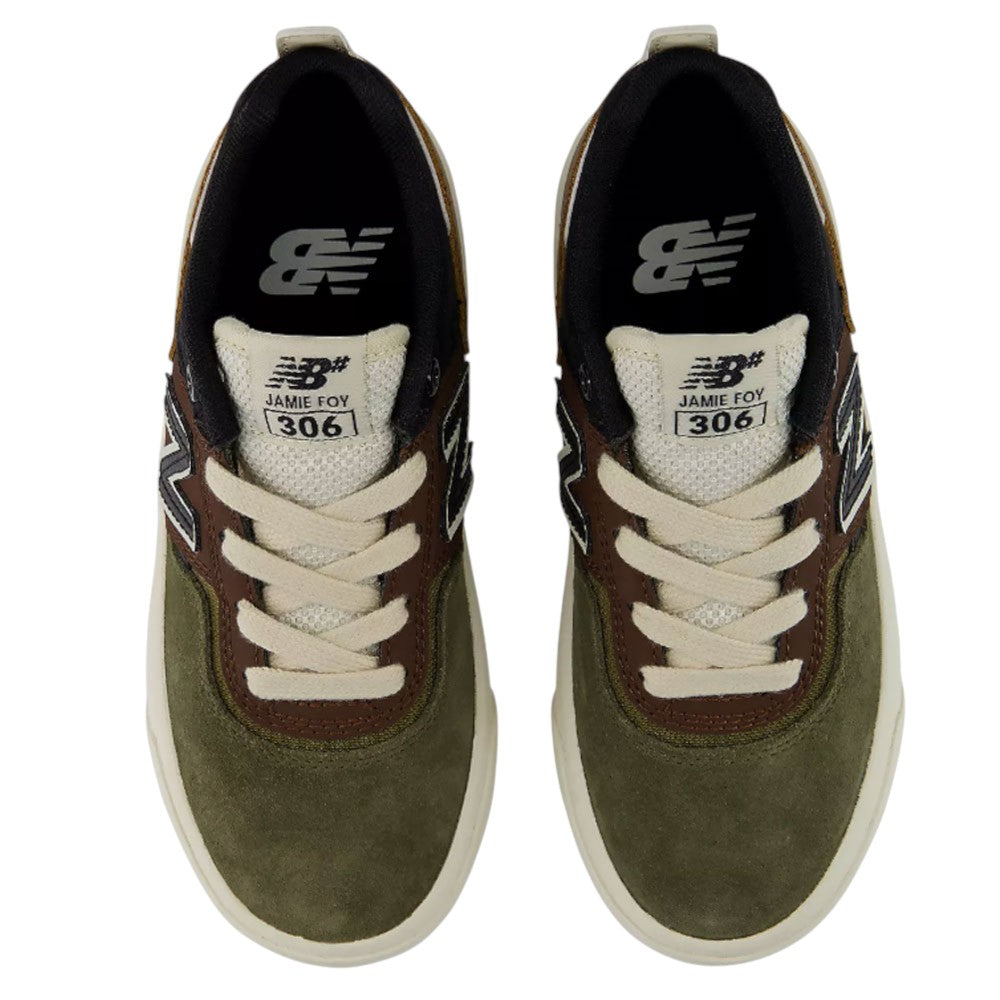A pair of YOUTH Jamie Foy Cup 306 TWY New Balance Numeric Suede Skateboarding Shoes in green, brown, and beige, viewed from above to showcase the laces, logo on the tongue, and signature side N—ideal as a durable kids skate shoe.