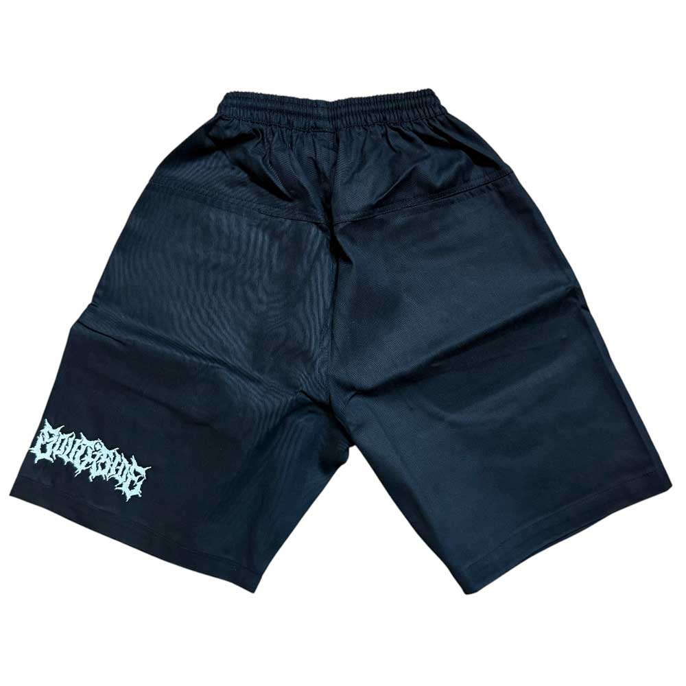 The YOUTH Texas Icon Black Southside 94 Shorts have an elastic waistband and loose fit, featuring a stylized white logo on the lower left leg. The shorts are displayed flat on a white background.