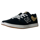The YOUTH YS425 BNT Black White Tan New Balance Numeric Suede Skateboarding Shoes feature a black suede upper, white laces, a white N logo, gold heel detail, and a white sole with a light brown gum bottom.
