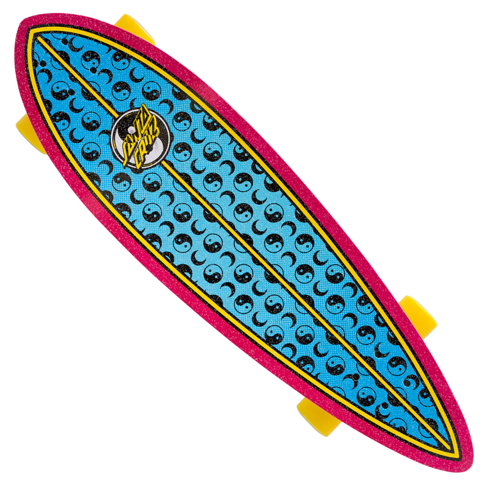 The Yin Yang Dot 9.2in x 33in Pintail Cruzer by Santa Cruz features a pink-bordered, blue deck with black and white eye graphics, Slime Balls wheels, and a yellow and black "Santa Cruz" logo at the front.