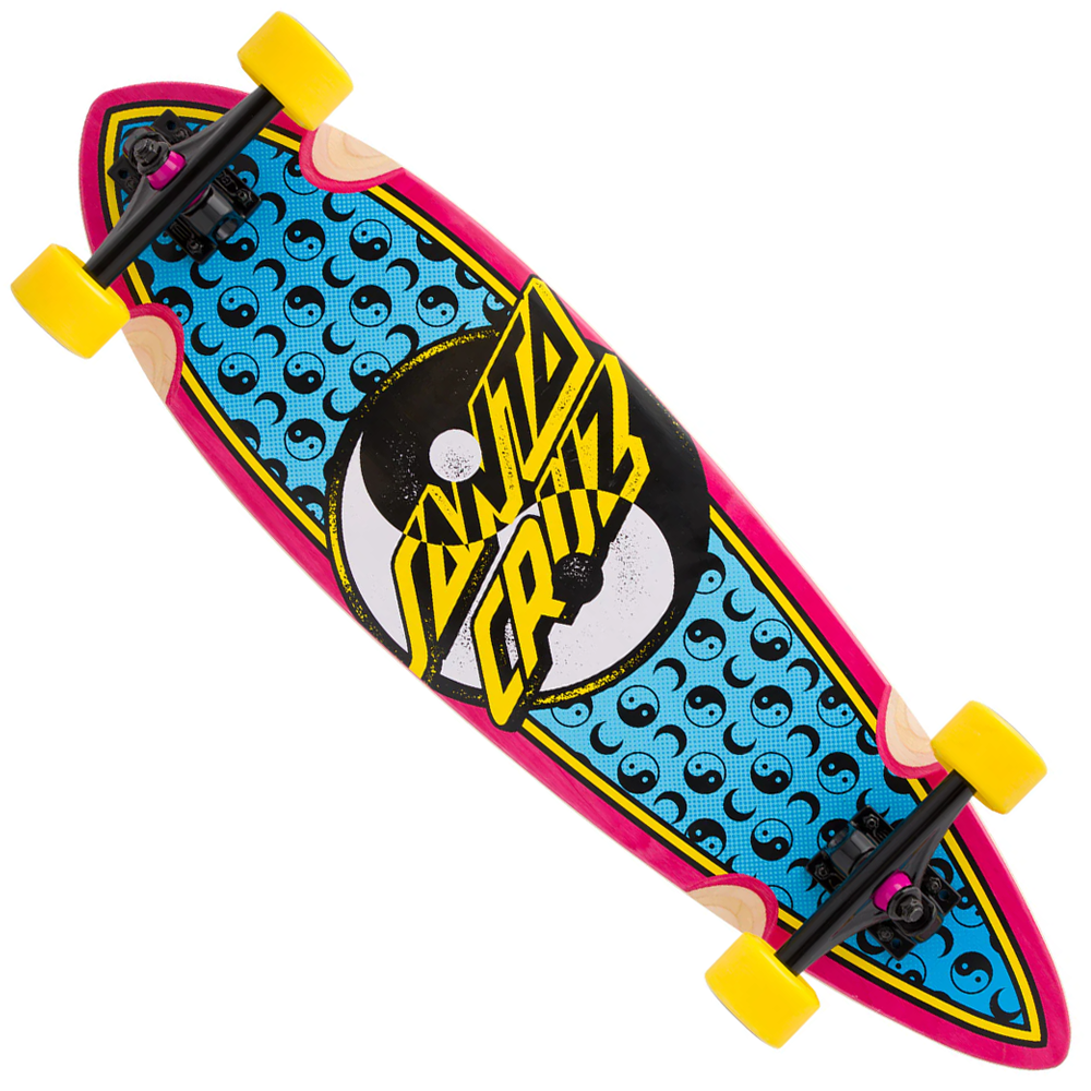 The Yin Yang Dot 9.2in x 33in Pintail Cruzer Santa Cruz features Slime Balls wheels, black trucks, and a blue deck with a repeating yin-yang pattern and bold yellow Santa Cruz logo at the center.