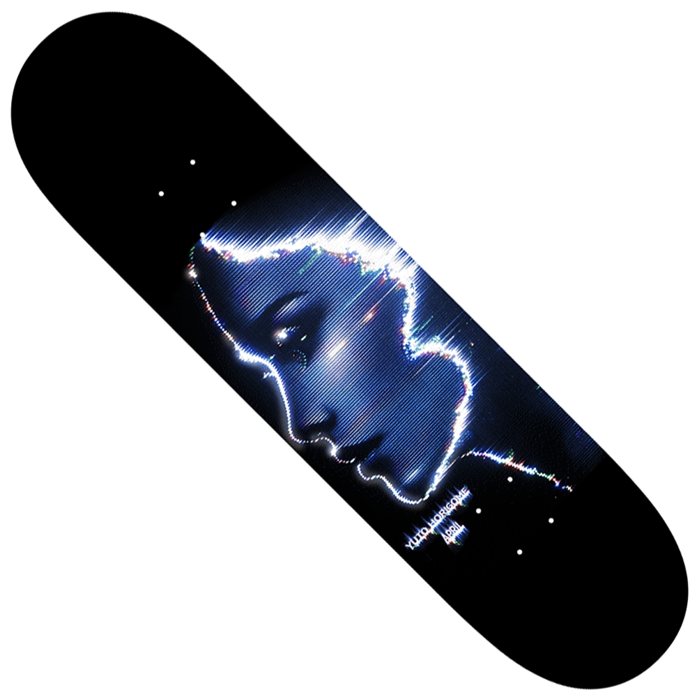 The Yuto Horigome 8 Fractured April Skateboards Deck is a black premium maple popsicle deck with a glowing blue and white futuristic woman’s profile design—ideal for street or park skating.
