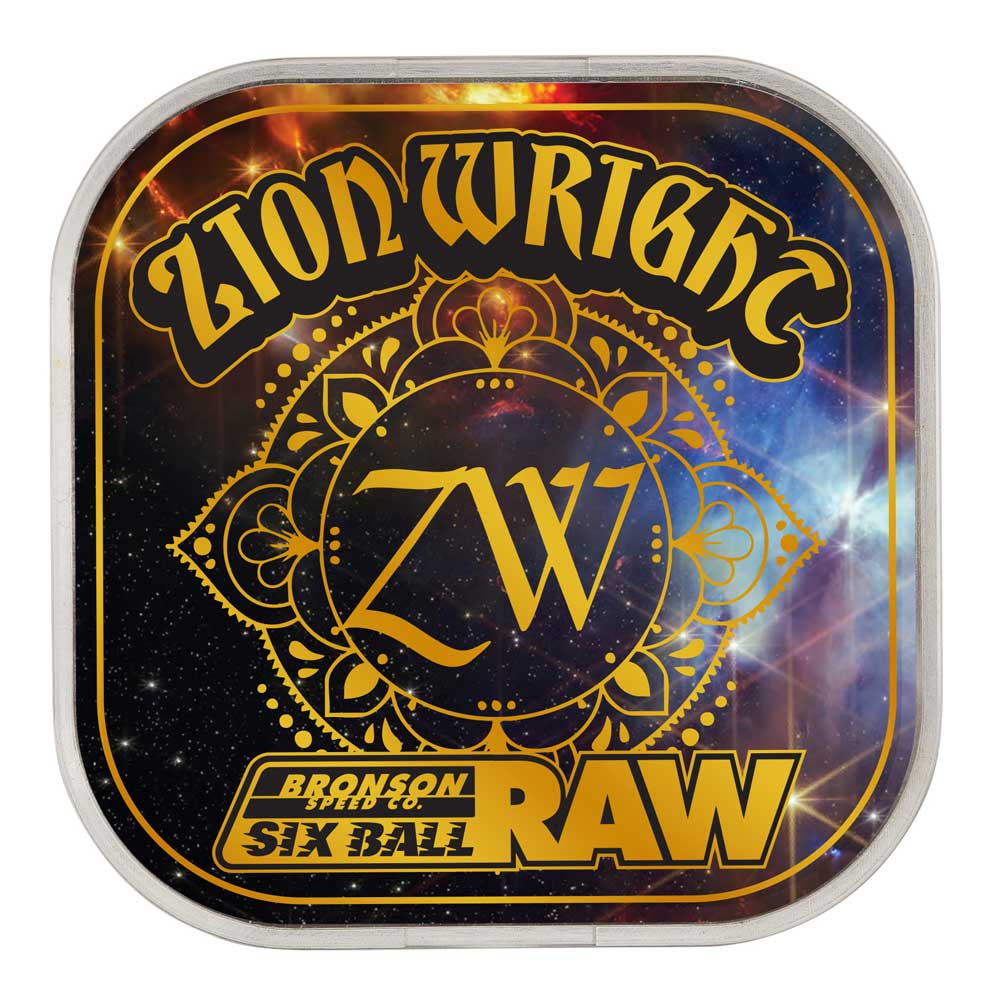 A square tin featuring ornate gold lettering with “Zion Wright,” “ZW,” “Bronson Speed Co. Six Ball,” and “RAW” against a space-themed background, containing Zion Wright Pro 6 Ball RAW Bronson Speed Co. Skateboard Bearings—premium shield-free bearings engineered for high-speed skateboard performance.