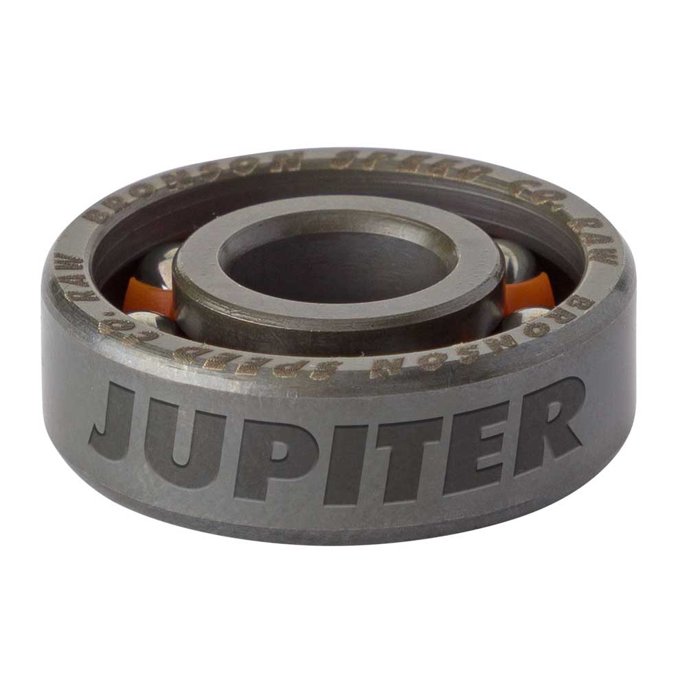 A close-up of a metal ball bearing with the word JUPITER engraved on its side. Inside the ring, some orange-colored ball bearings are visible, similar to those found in Zion Wright Pro 6 Ball RAW Bronson Speed Co. Skateboard Bearings.