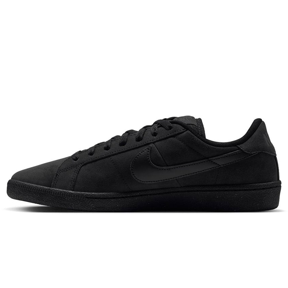 Side profile of a black Zoom Tennis Classic HF7386003 Black Black Suede Nike SB Skateboarding Shoe, featuring a matching midsole and swoosh logo in a tennis-inspired style.