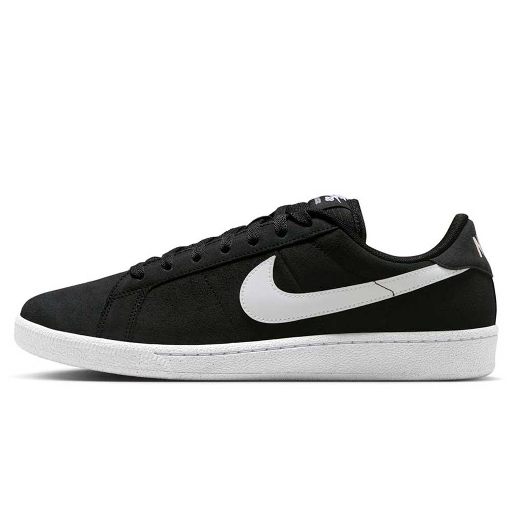 The Nike SB Zoom Tennis Classic HF7386004 skateboarding shoe features black suede with a white swoosh, white sole, and black laces, shown in a side view against a plain white background.