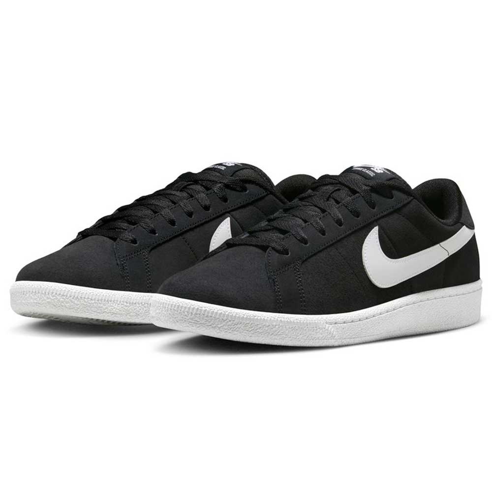 A pair of Zoom Tennis Classic HF7386004 Black White Suede Nike SB Skateboarding Shoes with white swooshes and rubber soles, shown at a slight angle on a white background.
