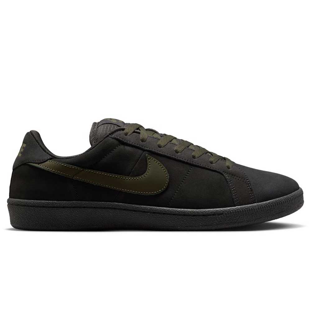 The Nike SB Zoom Tennis Classic HF7386200 skate shoe in deep pewter and medium olive suede is shown in side profile on a white background, featuring a cushioned Solarsoft insole for all-day comfort.