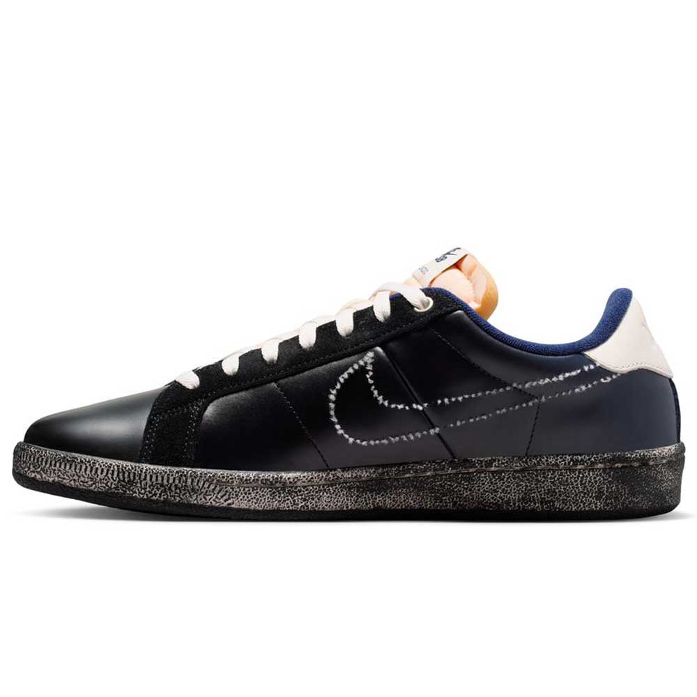 The Zoom Tennis Classic x Rassvet IO9846400 Blue Void Sail Nike SB leather skateboarding shoe features a navy upper, white stitching and laces, blue lining, a speckled black midsole, and a cushioned insole for comfort.
