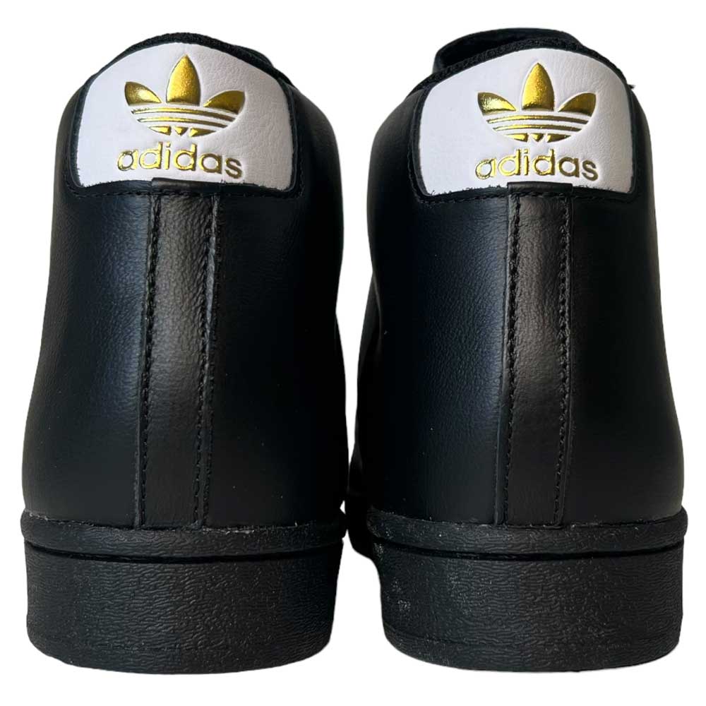 Back view of Adidas Pro Model ADV Black White Gold Leather Shoes, showing black leather uppers, white heel tabs, and the gold Adidas logo with trefoil.
