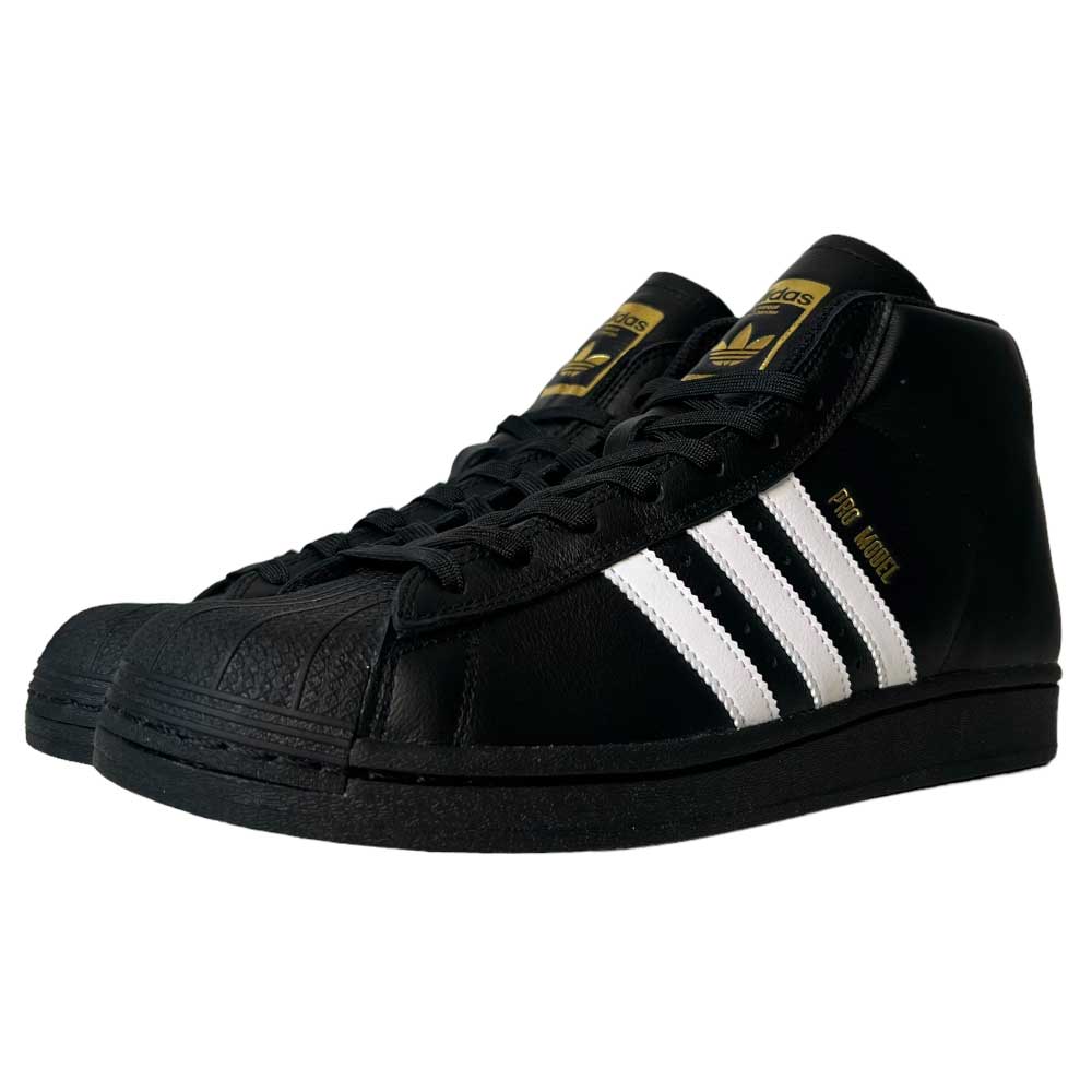 A pair of Adidas Pro Model ADV Black White Gold Leather Shoes, featuring black leather, white stripes, and gold accents, displayed side by side on a white background.