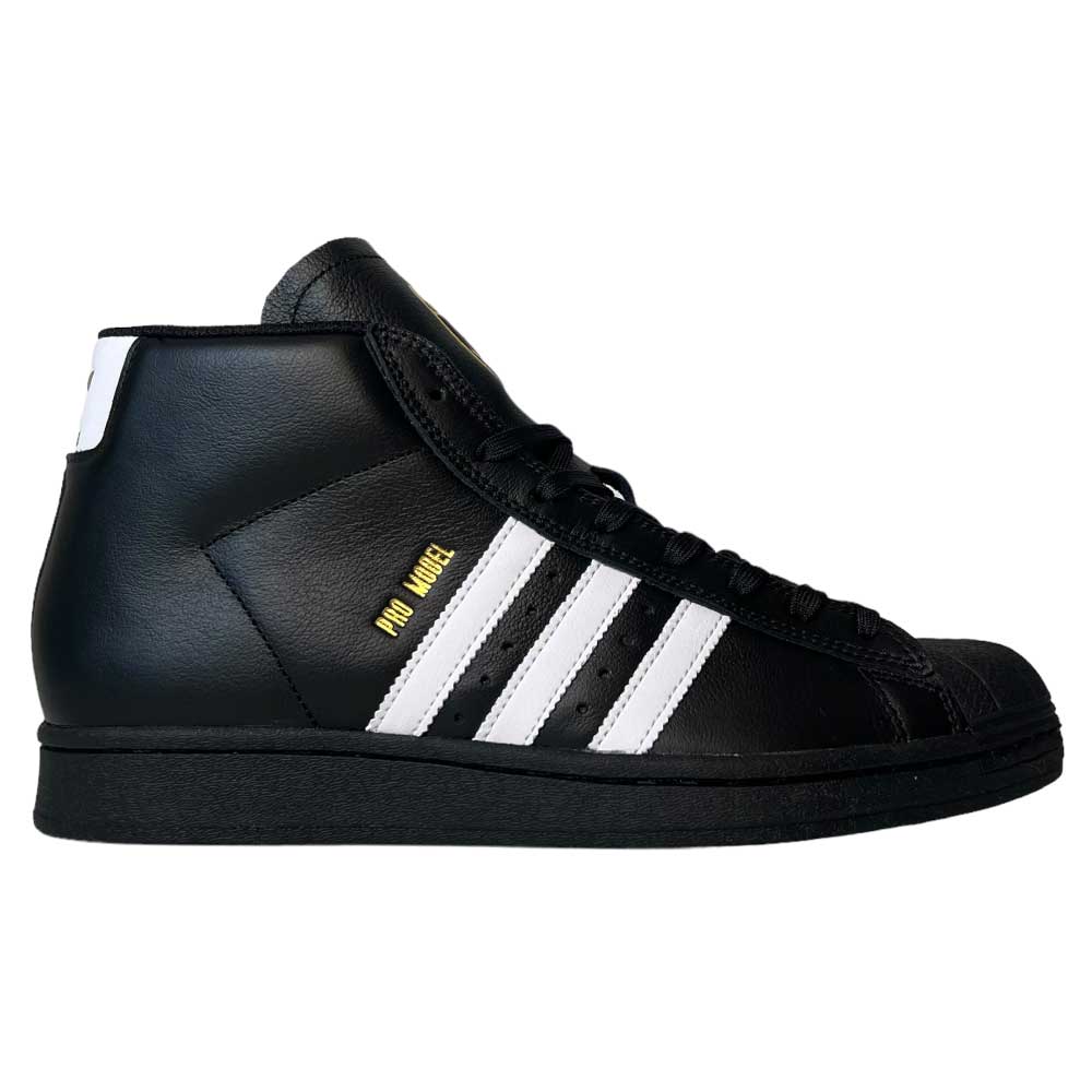 The Adidas Pro Model ADV Black White Gold Leather Shoes feature black leather, white stripes, a black sole, and gold Pro Model text on the side, shown from the left.