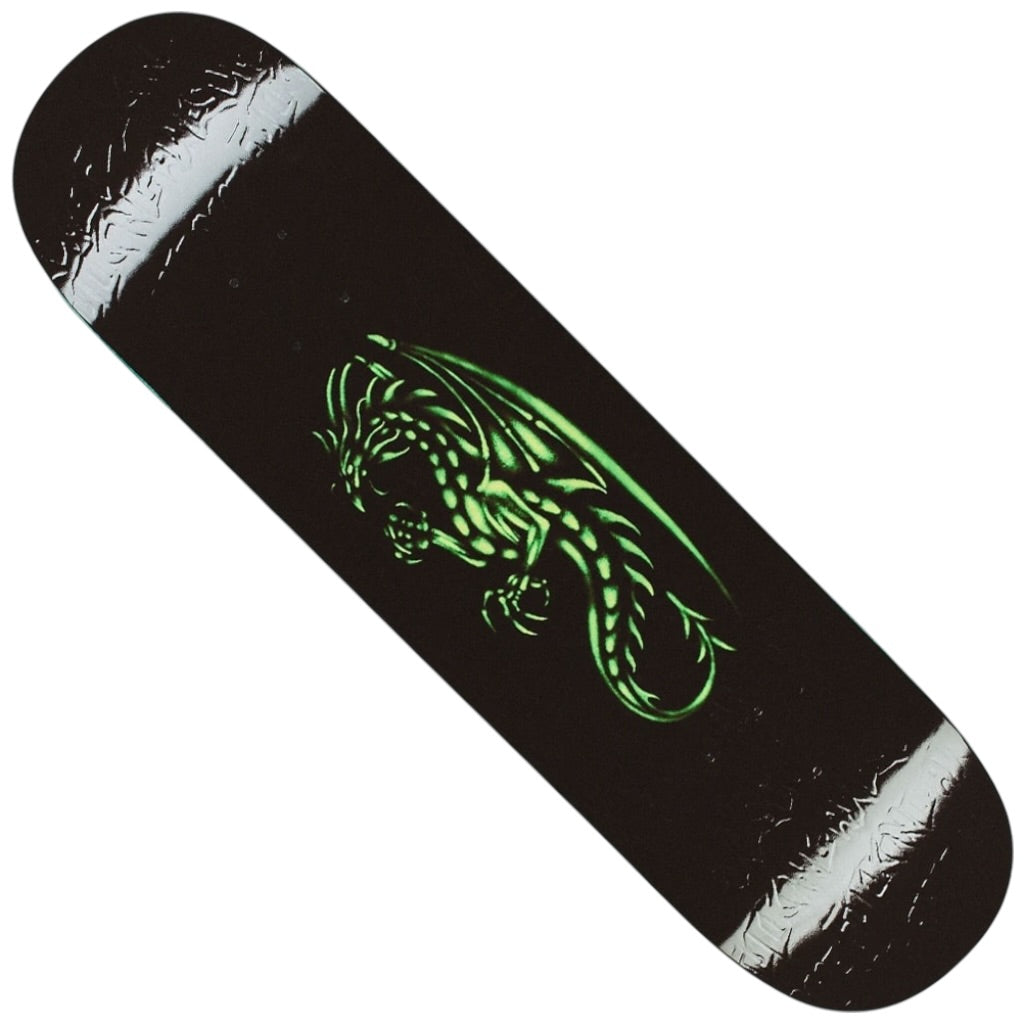 The Dragon Aidan Mackey 8.25x31.79 FA Deck showcases a green dragon graphic at the center, textured black sections, and two white stripes near each end.