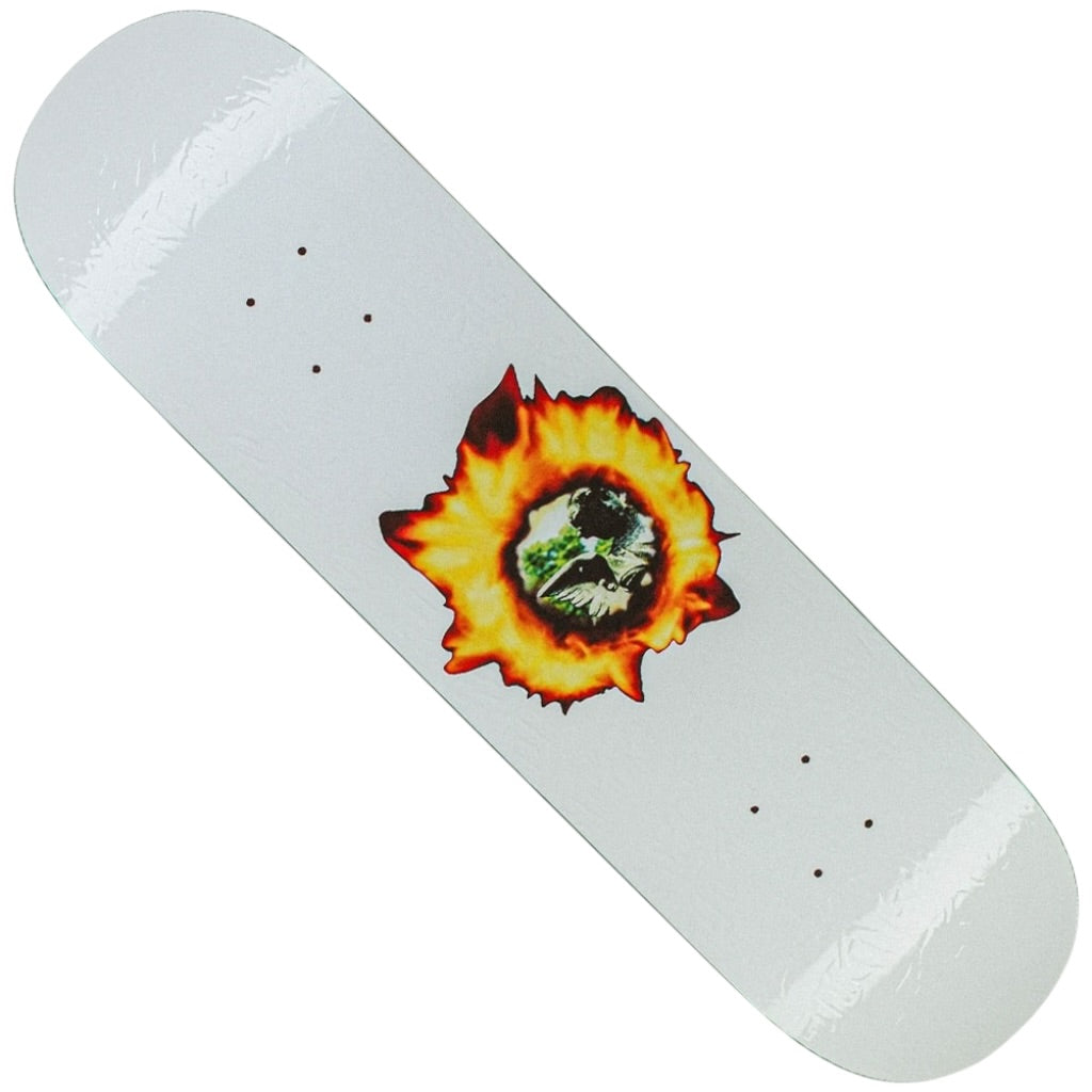 The Angel Burn White 8.25x31.79 FA Deck features a white base with a vivid image of the Earth engulfed in orange and yellow flames at its center, creating a striking, explosive visual.