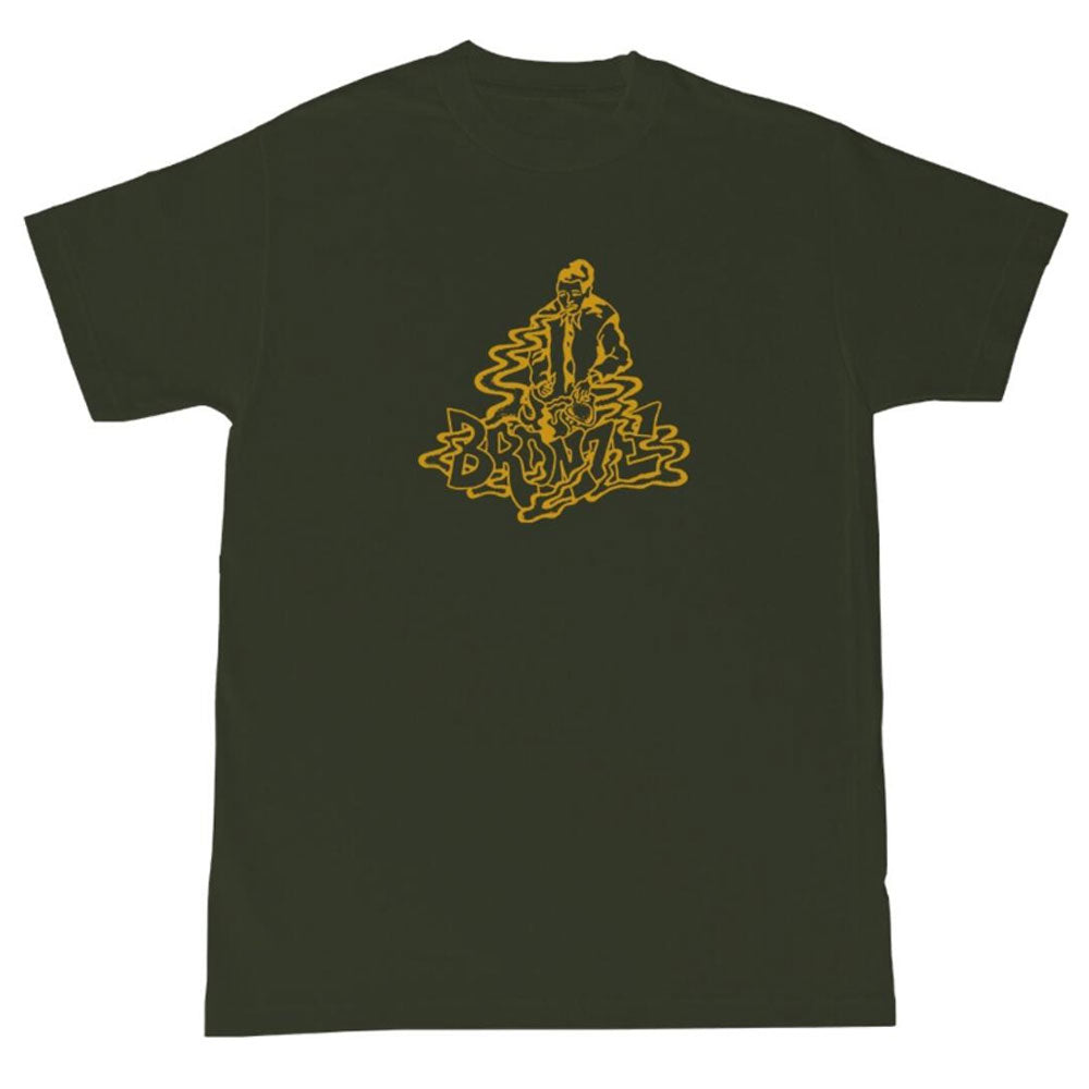 An olive Bronze Tee 4/20 featuring a yellow abstract graphic of a person sitting above the wavy "BRWNFL" text centered on the front.