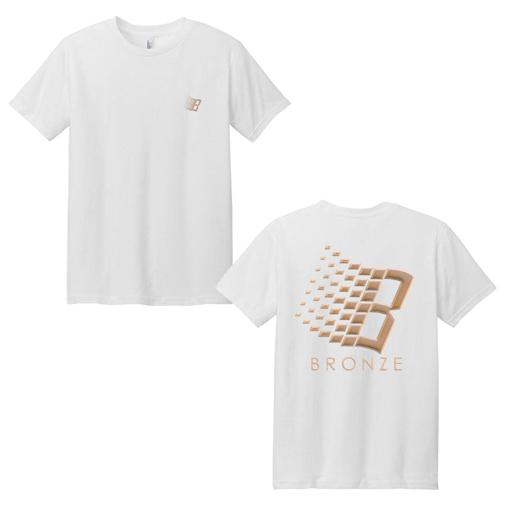 The Bronze 56K Tee Balloon Logo White features a small bronze B logo on the front left chest and a large pixelated Tee Balloon Logo with "BRONZE" lettering on the back.