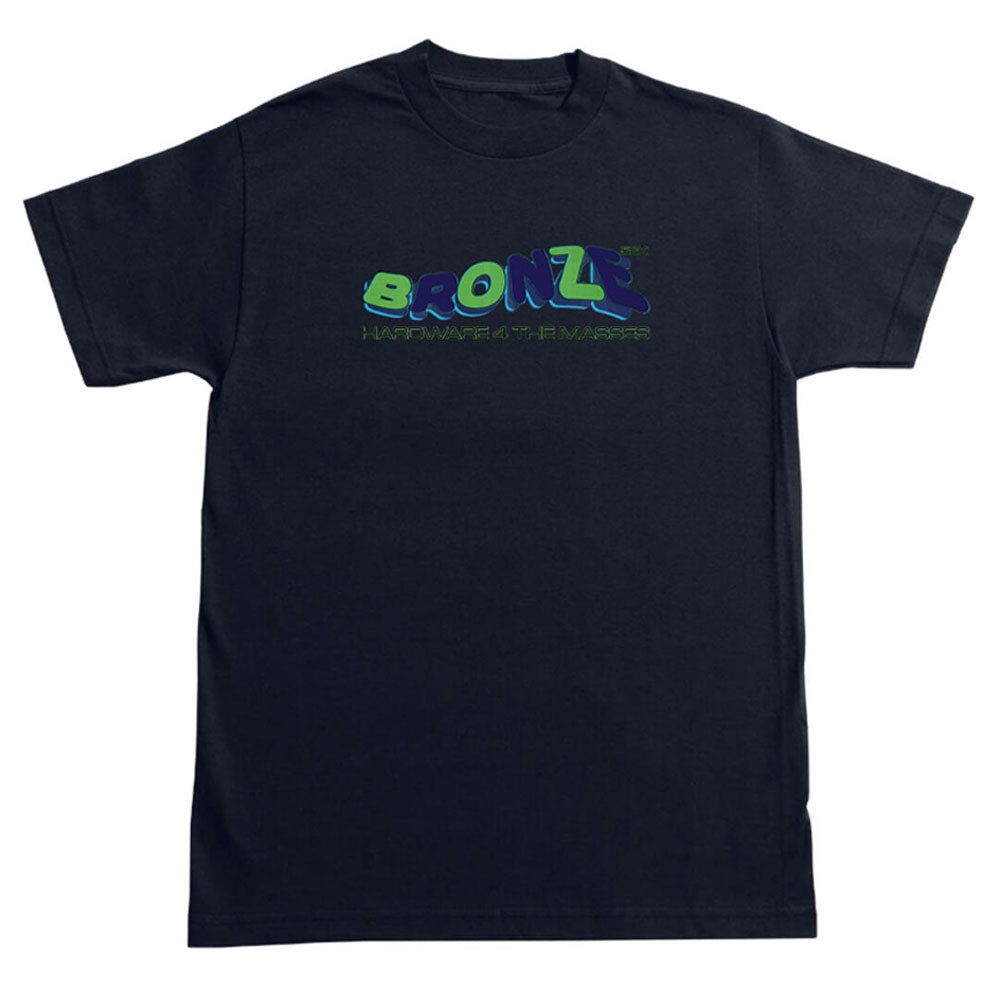 The Bronze 56K Tee Blaze Navy features bold blue and green 3D "BRONZE" lettering with "HARDWARE 47 7H MASTER" in smaller green text below—a standout piece from Bronze 56K.