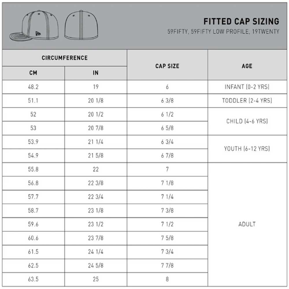 A sizing chart for the Fleck Black True Houston Astros New Era Hat 5950 Fitted shows head circumference (cm/in), cap sizes, and age ranges from infant to adult. Illustrations of the hat’s front and back are displayed at the top.