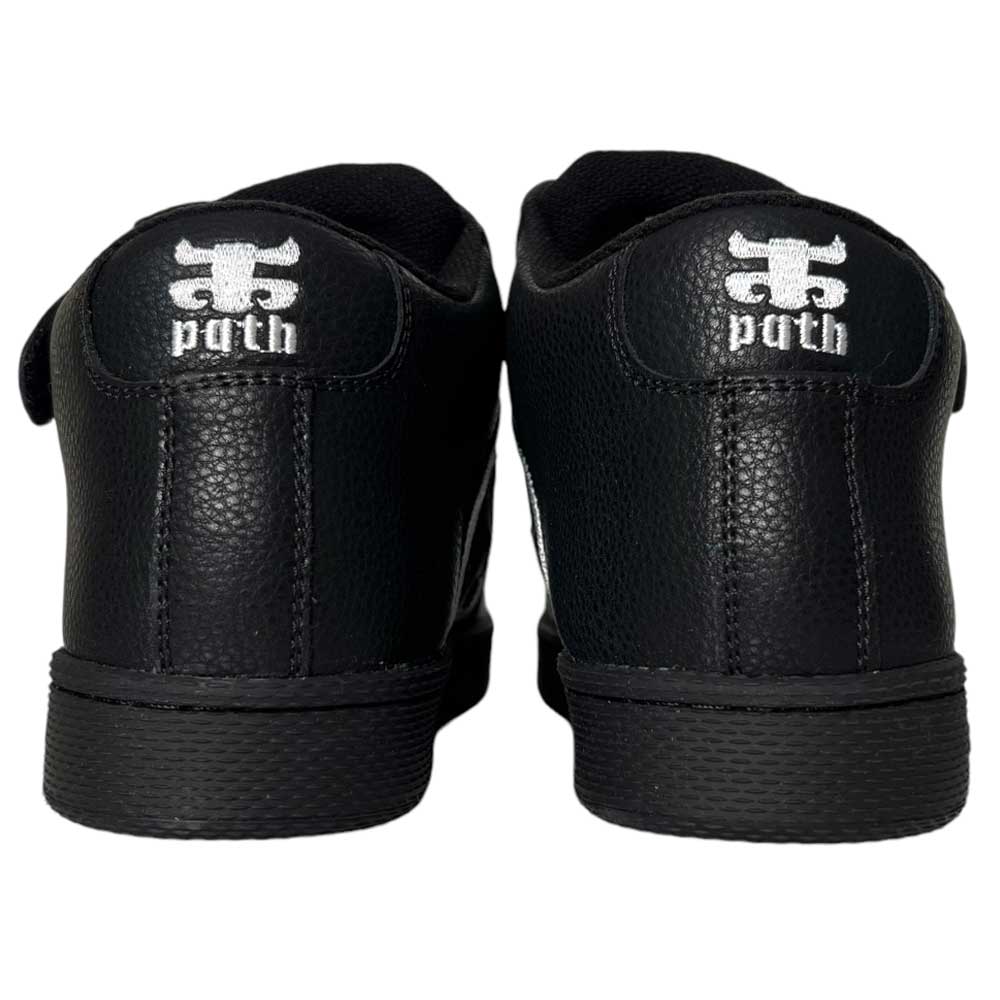 The Grasshopper Black Leather I Path Shoes feature white bull logos and "Path" embroidery on the heels, inspired by classic Grasshopper shoes.