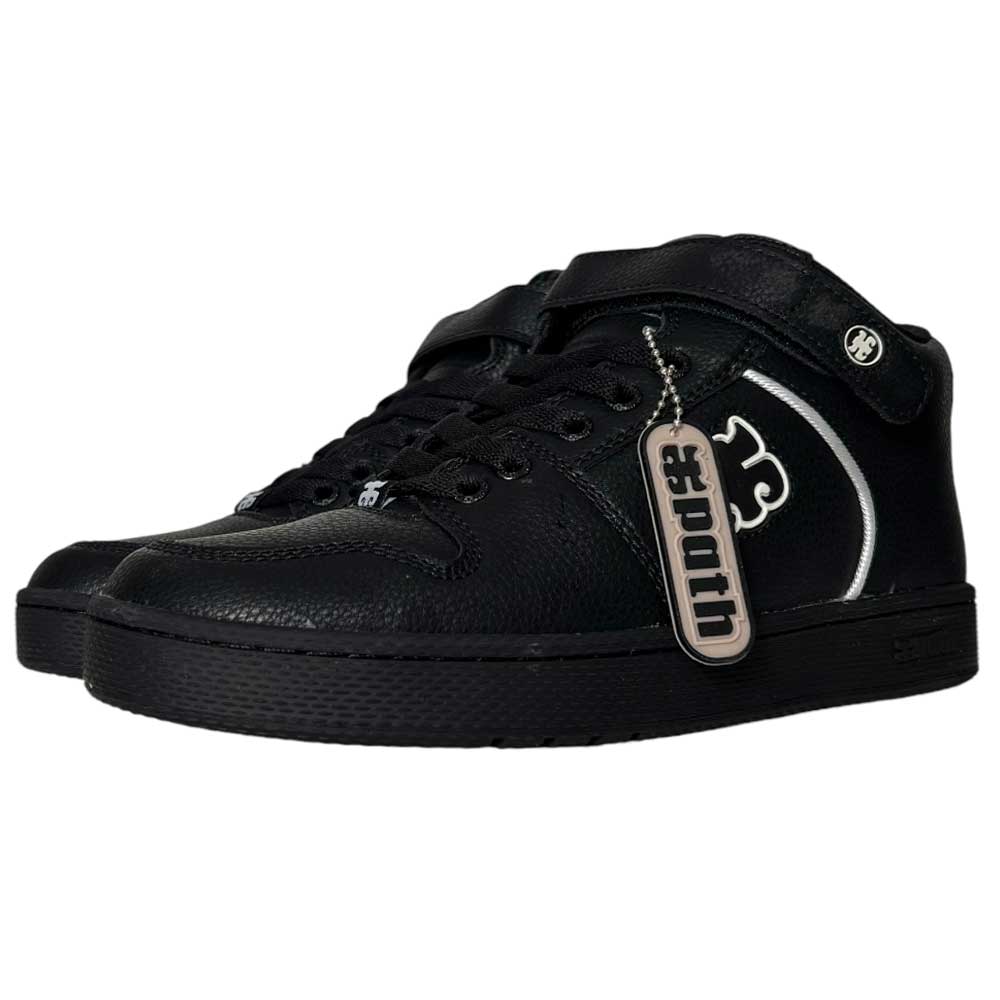 A pair of Grasshopper Black Leather I Path Shoes, featuring high-top pebble grain leather, black laces, a silver side logo, and a branded tag hanging from one shoe’s laces.