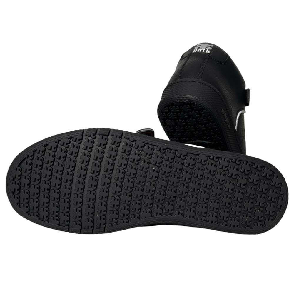 The Grasshopper Black Leather I Path Shoes are shown from two angles: one highlights the textured rubber sole, while the other stands upright, displaying the heel and upper with white logo details inspired by classic Grasshopper designs.