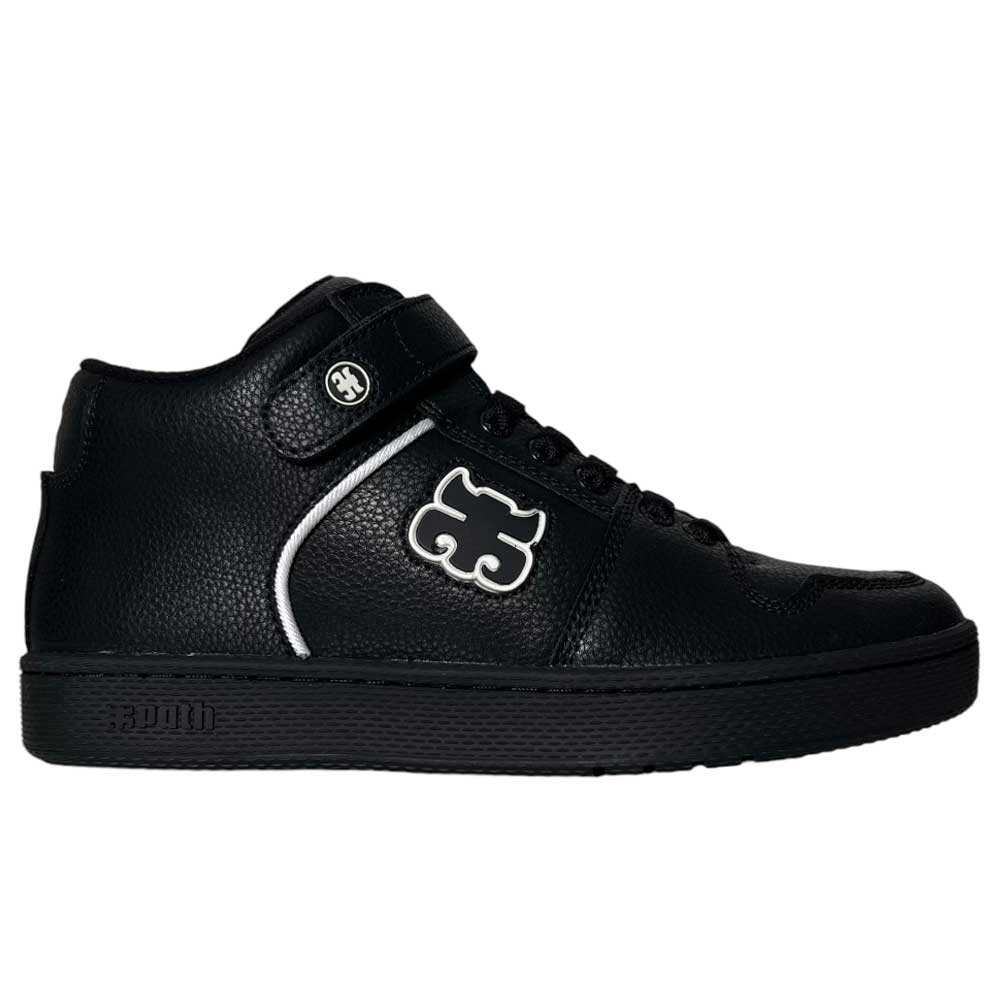 The Grasshopper Black Leather I Path Shoes are black high-tops in pebble grain leather with a textured finish, black sole and laces, Velcro strap, white-outlined abstract logo on the side, and a small circular logo near the ankle.