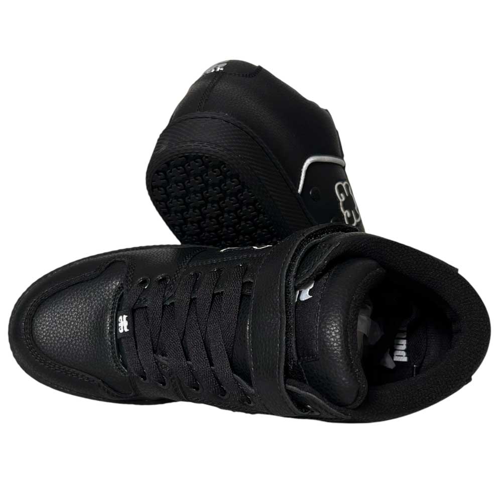 Two Grasshopper Black Leather I Path Shoes are shown: one upright, the other on its side. Both feature textured soles, pebble grain leather, a Velcro strap, and the Grasshopper logo on the tongue and side.