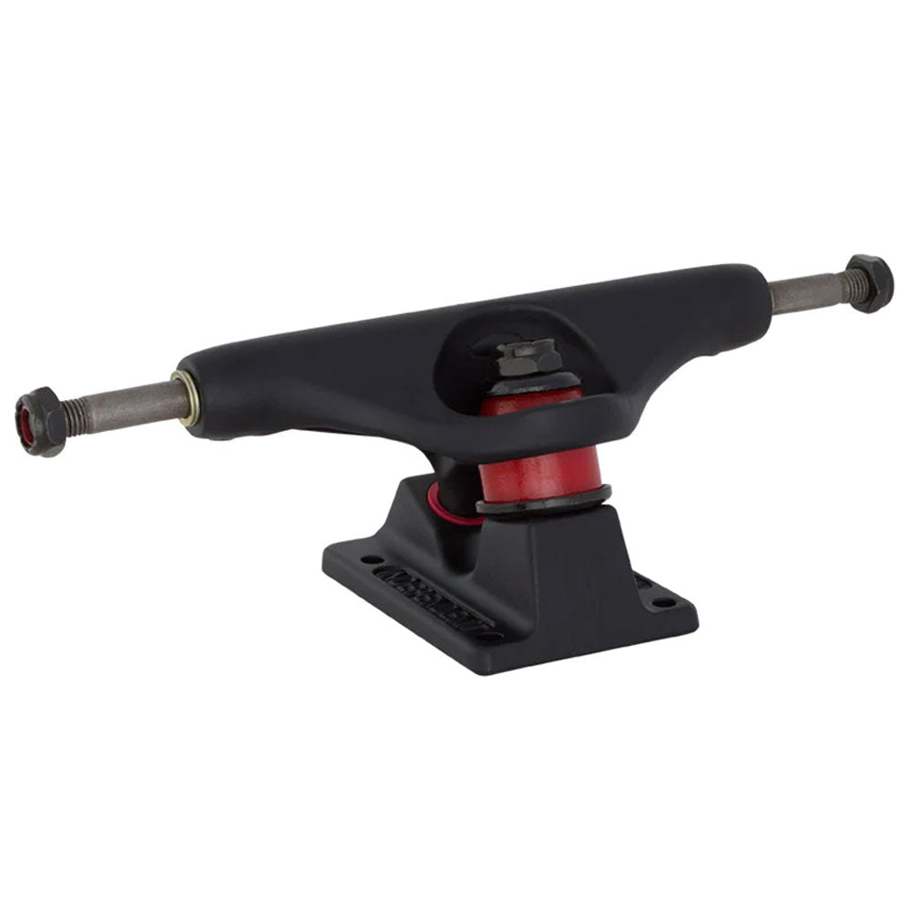 A set of two INDY 139 Bar Flat Black Standard Trucks is displayed at an angle on a white background, featuring red bushings and metal axles secured with nuts extending from both sides.