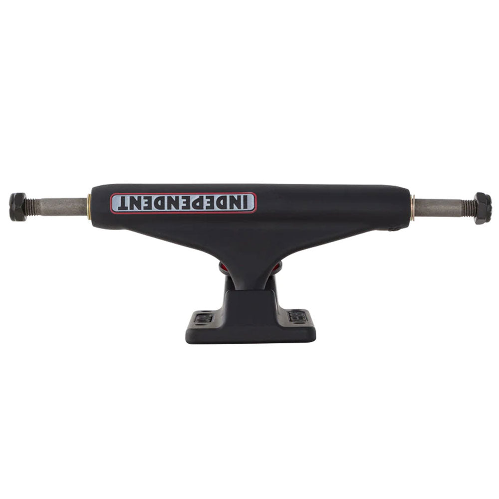 The INDY 139 Bar Flat Black Standard Trucks Set of TWO features a centered INDEPENDENT logo in red, white, and blue and is shown from a straight-on side view against a white background.