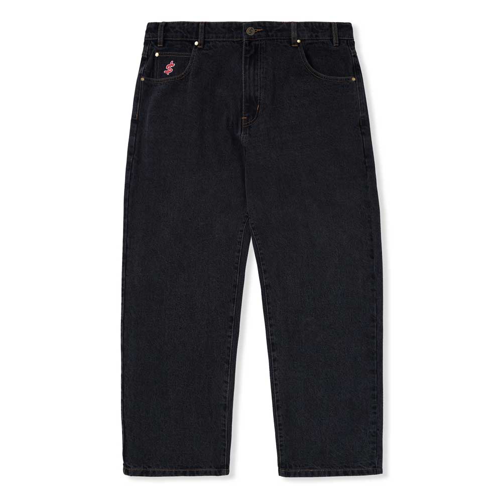 Logo Baggy Denim Jeans in Washed Black by Cash Only, featuring a straight-leg fit, button and zipper fly, front and back pockets, plus a small pink embroidered Cash Only logo on the front left pocket.