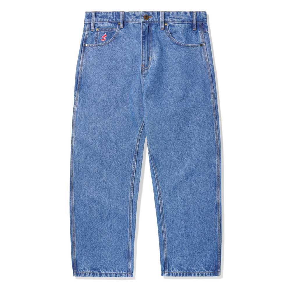The Logo Baggy Denim Jeans Washed Indigo Cash Only feature a washed indigo finish, baggy fit, straight-leg cut, five pockets, belt loops, and a red logo on the right front pocket. Displayed on a white background.
