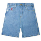 The Logo Baggy Denim Shorts Washed Indigo Cash Only feature a relaxed fit, belt loops, pockets, and a small red dollar sign above the left front pocket. Finished in washed indigo with a classic button and zipper closure.