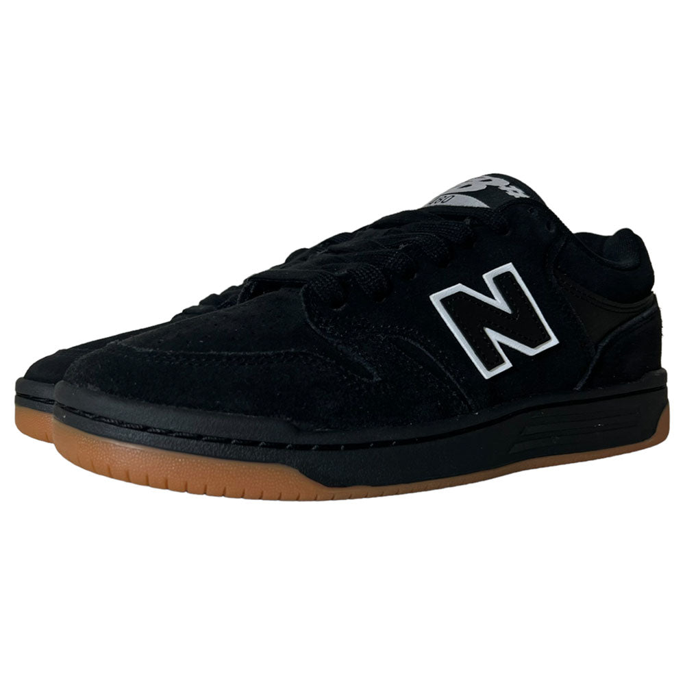 A pair of 480 SBW New Balance Numeric Shoes in black suede with gum rubber soles and white N logos, shown against a white background.