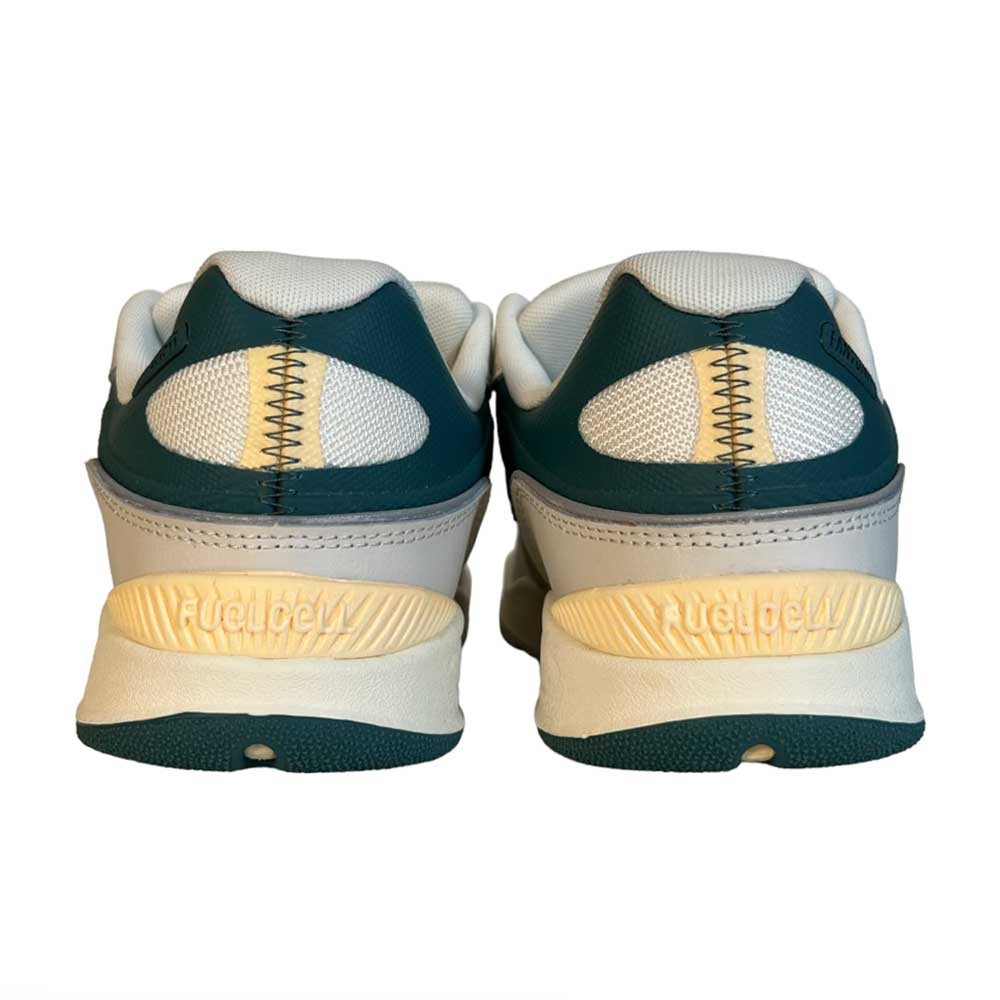 A pair of 1010 AL New Balance Numeric Suede Shoes in white, green, and yellow shown from the back, featuring visible stitching and textured soles—ideal for fans of Tiago Lemos and New Balance Numeric styles.