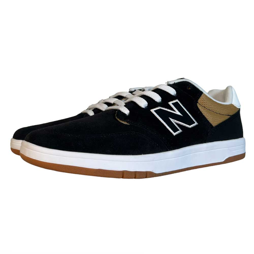 A pair of black 425 BNT New Balance Numeric Suede Shoes with white laces, C-CAP midsole cushioning, brown heel detail, gum outsole, and a large white N logo on the side.