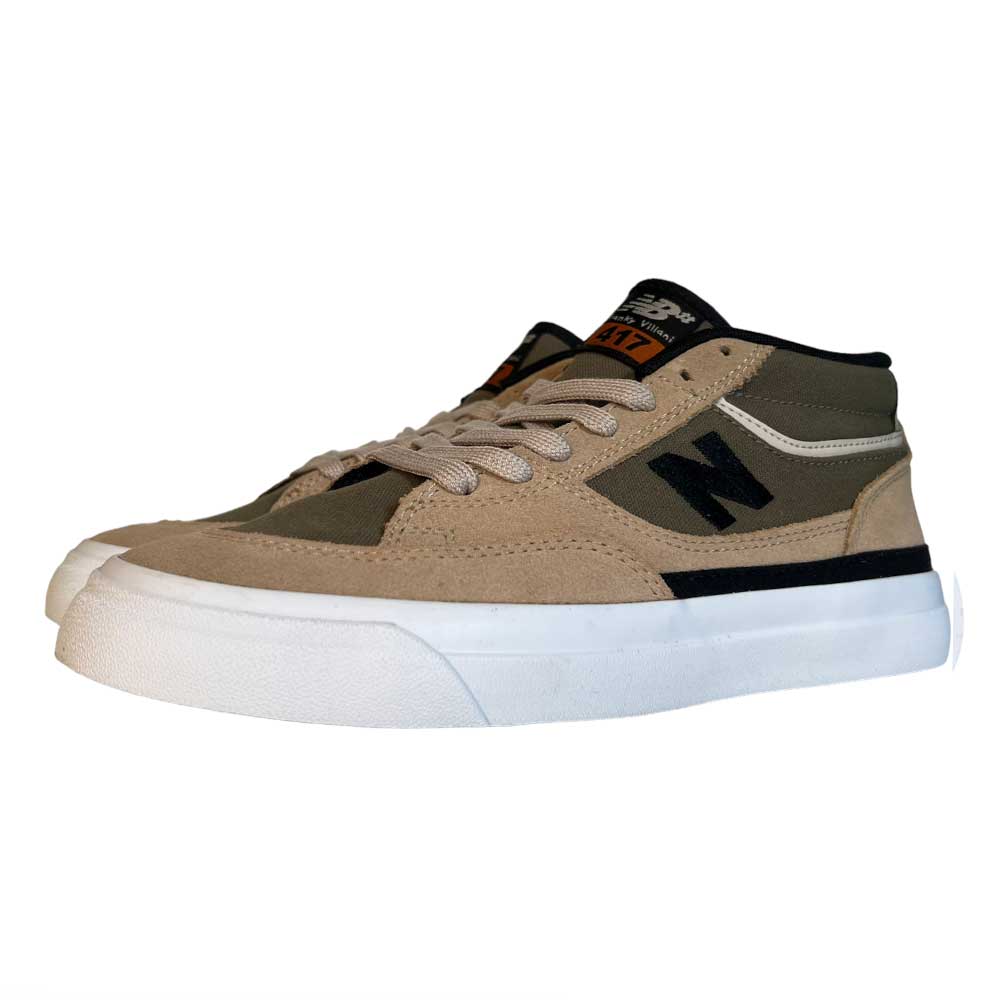 The 417 FFU Franky Villani New Balance Numeric Suede Shoes feature tan and olive uppers, black and orange accents, a white rubber sole, and a black N logo, showcased from the front left angle.