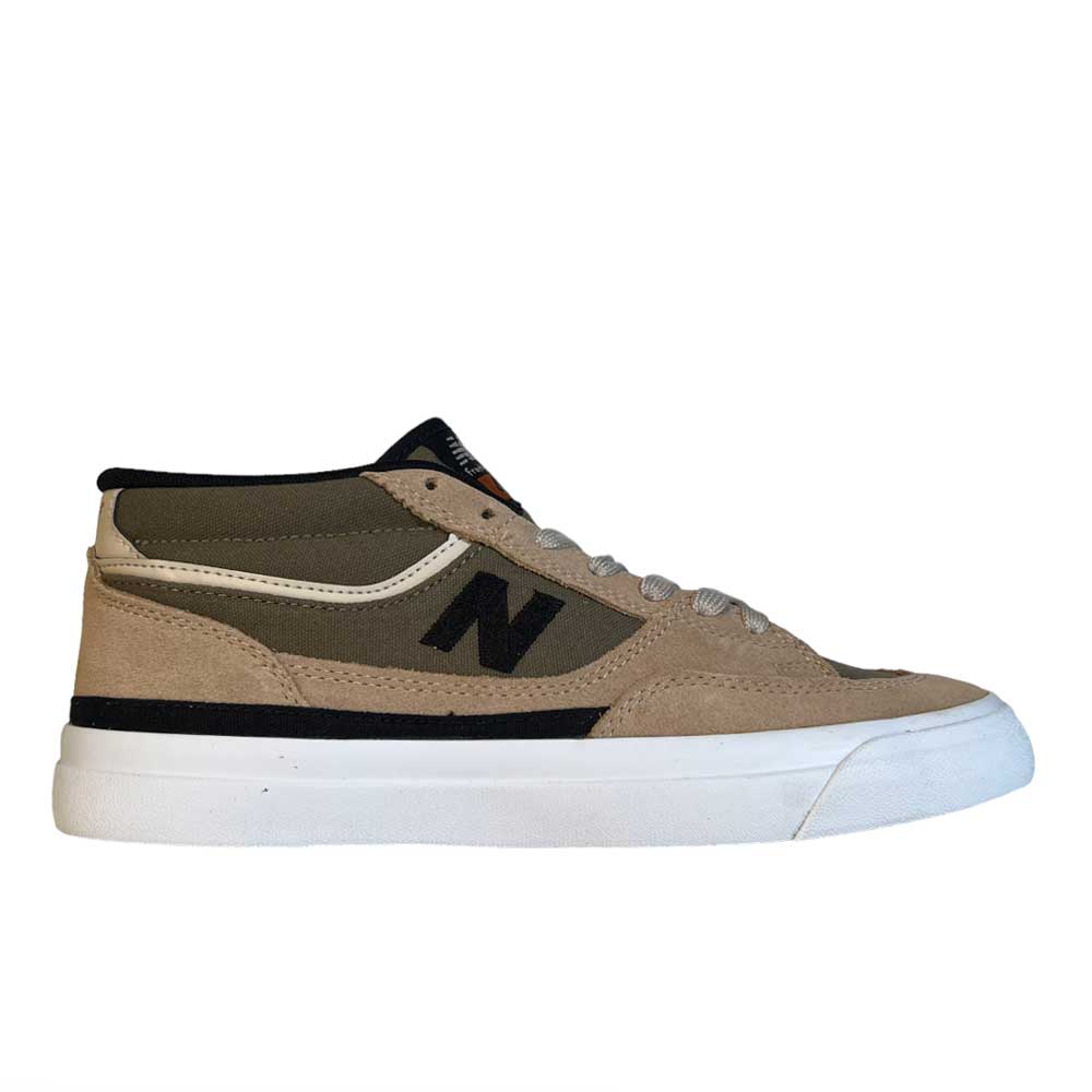The 417 FFU Franky Villani New Balance Numeric Suede Shoes feature a tan/olive suede and mesh upper, black accents and N logo, and a white sole. Shown in side profile against a white background.