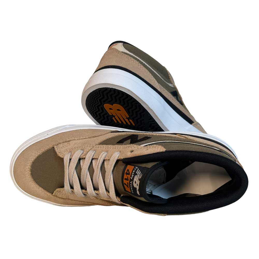 A pair of 417 FFU Franky Villani New Balance Numeric suede shoes in tan, olive, white, and black; one shoe displays the side and laces, while the other shows the sole and signature logo.