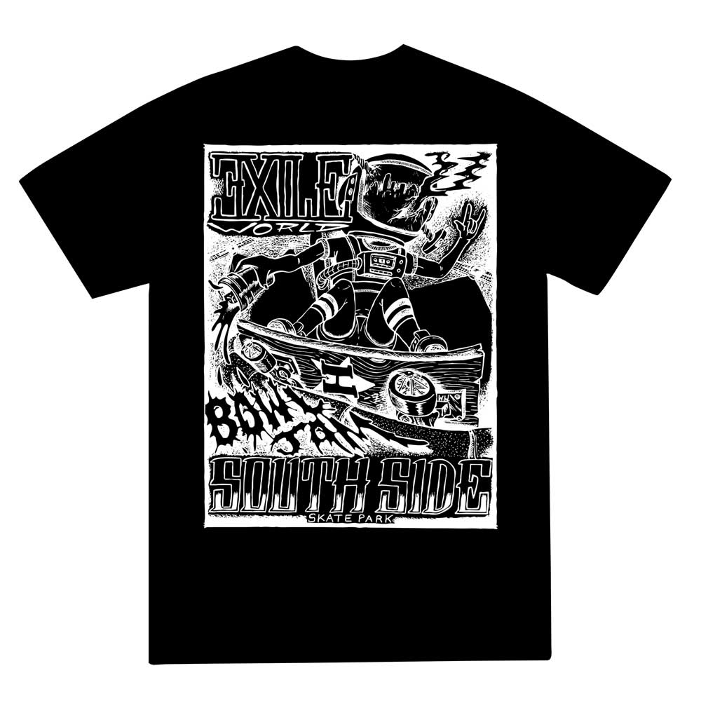 Pre-order the Old Man Bowl Jam 2026 T-Shirt in black, featuring a white robot skateboarder graphic with “EXILE ORL,” “86,” and “SOUTH SIDE SKATE PARK”—celebrating Southside Skatepark’s iconic event.