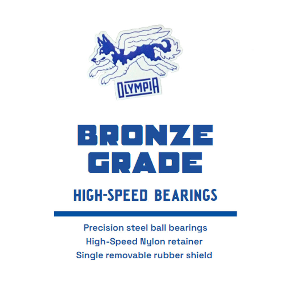 Illustration of a blue dog with wings above OLYMPIA. Below, text reads BRONZE OLYMPIA HIGH SPEED BEARINGS by Olympia Supply, featuring precision steel balls, high-speed nylon retainer, and a single removable rubber shield.