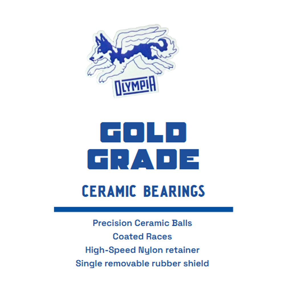 The Gold Olympia Ceramic Bearings by Olympia Supply feature a blue and white logo with a running wolf, precision ceramic bearings, coated races, high-speed nylon retainer, and a removable rubber shield—ideal for skateboarding.
