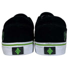 A pair of Swampy Slip On Opus Footwear Black Green Suede Shoes seen from the back, with white soles featuring a green stripe and a green geometric logo on the heel.